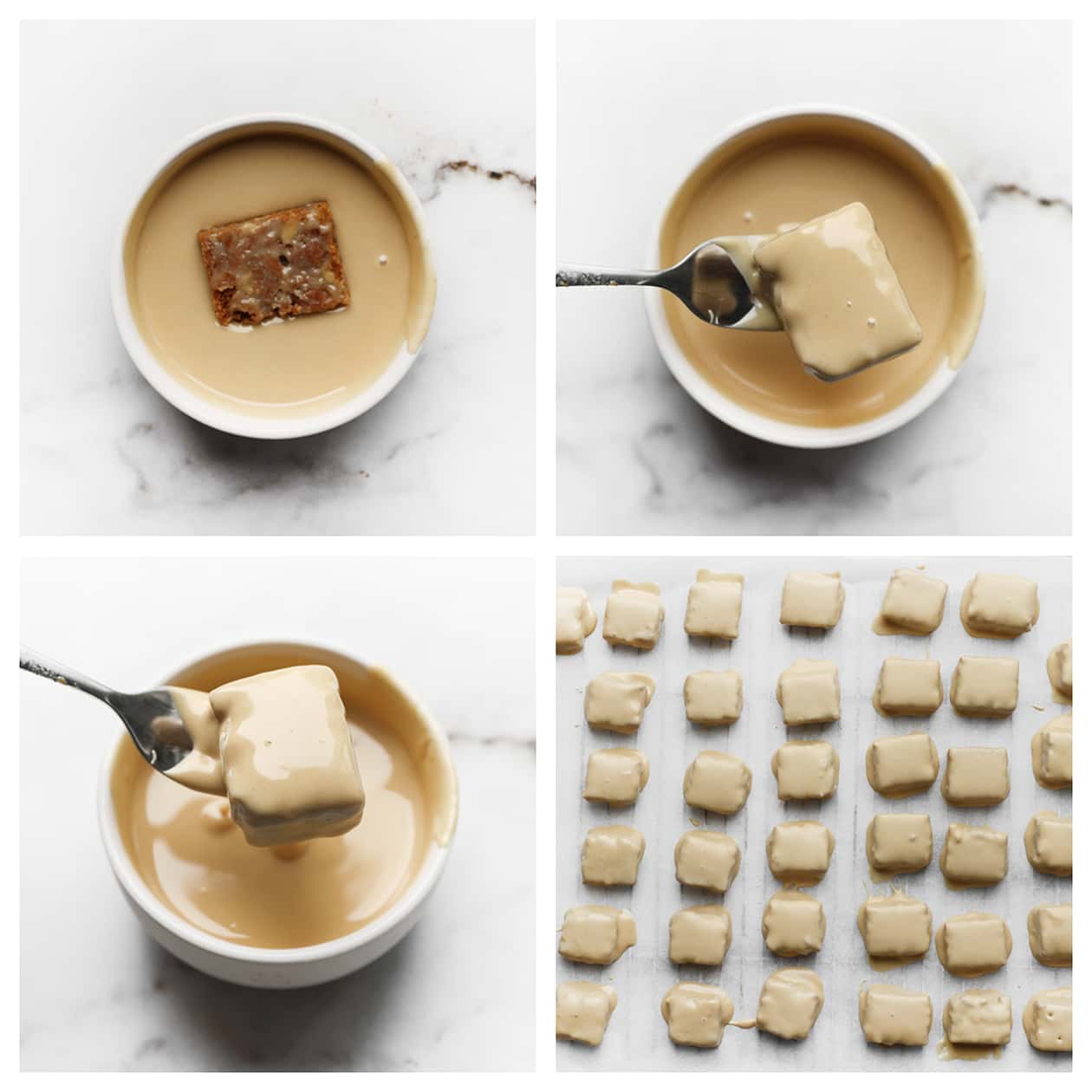 Koekjesdeeg door de chocolade halen