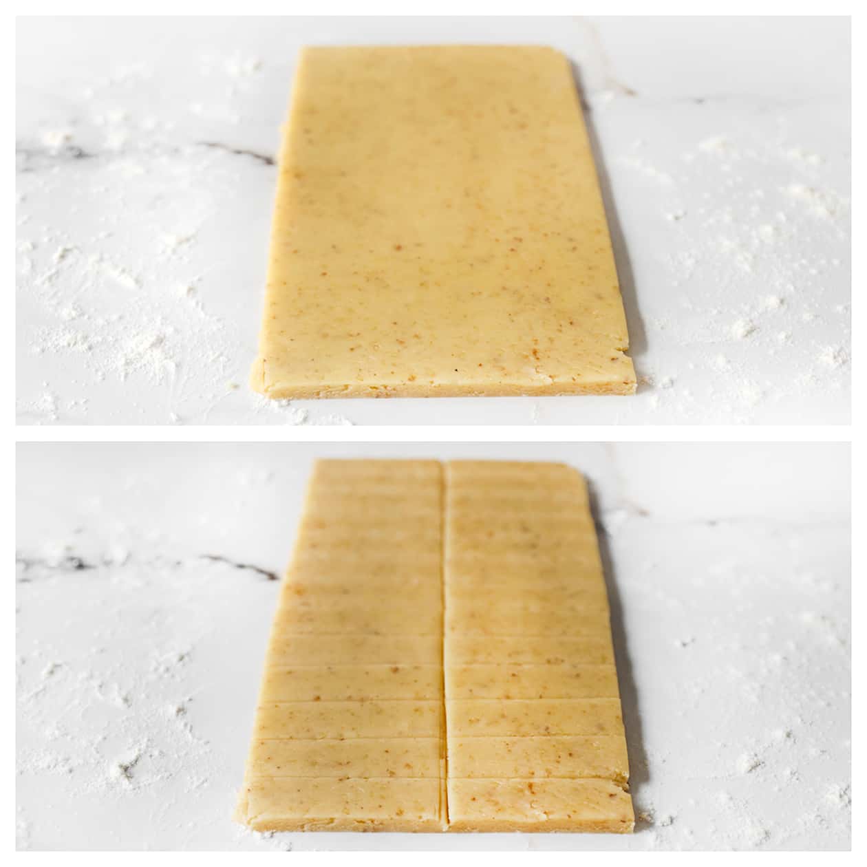 Koekjesdeeg in stukken snijden