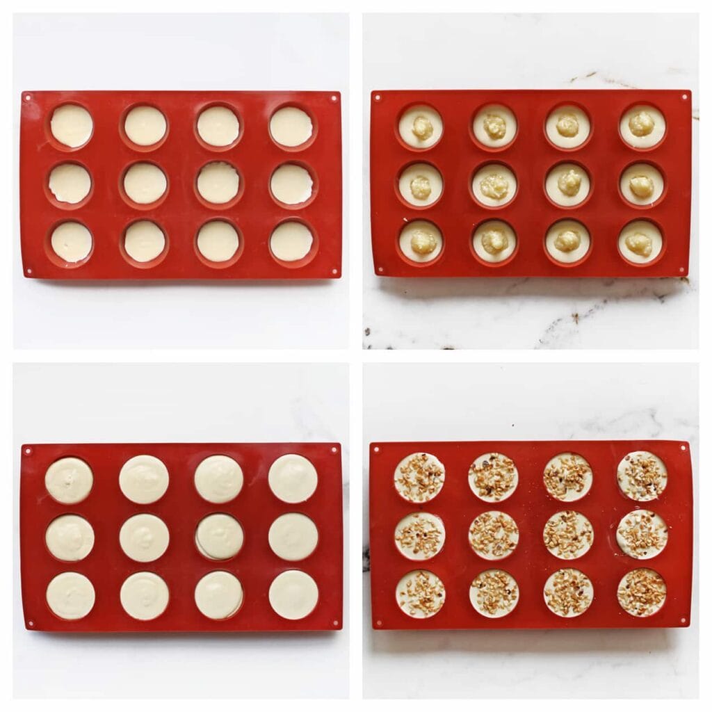 Spuit een laagje van de gesmolten witte chocolade in een siliconenvorm en voeg daarop het kokosmengsel toe. Spuit vervolgens nog een laagje witte chocolade erbovenop en strooi er wat gehakte amandelen overheen.