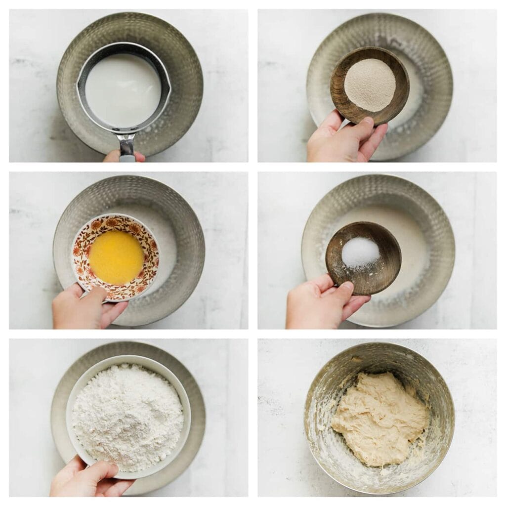 Giet de lauwwarme melk geleidelijk toe terwijl je goed blijft mixen. Voeg vervolgens de gist en gesmolten roomboter toe, en mix opnieuw. Voeg daarna de bloem en het zout toe. Meng alles goed en kneed het deeg vervolgens 10-12 minuten.
