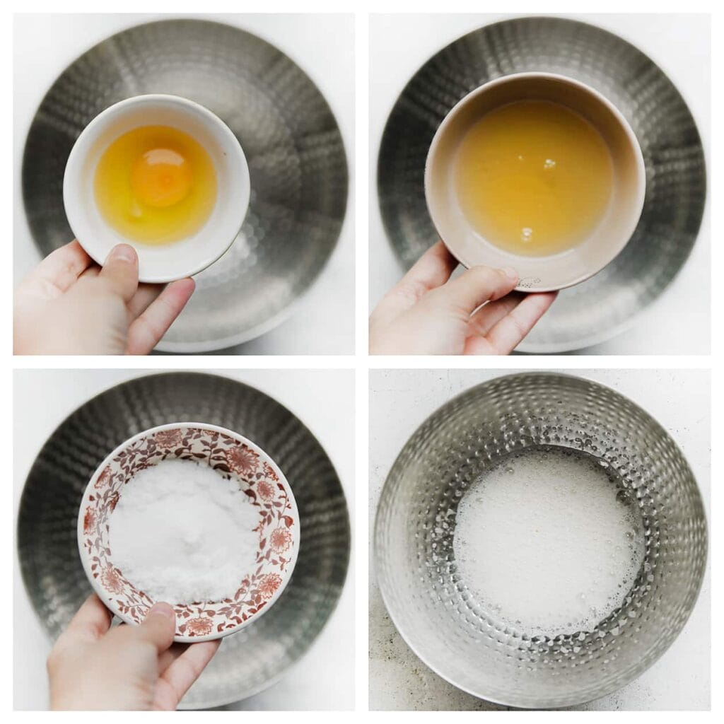 Breek de eieren boven een diepe kom en voeg vervolgens de witte basterdsuiker en vanillesuiker toe. Mix het geheel in 2 minuten luchtig, of totdat het mengsel wit en schuimig wordt.