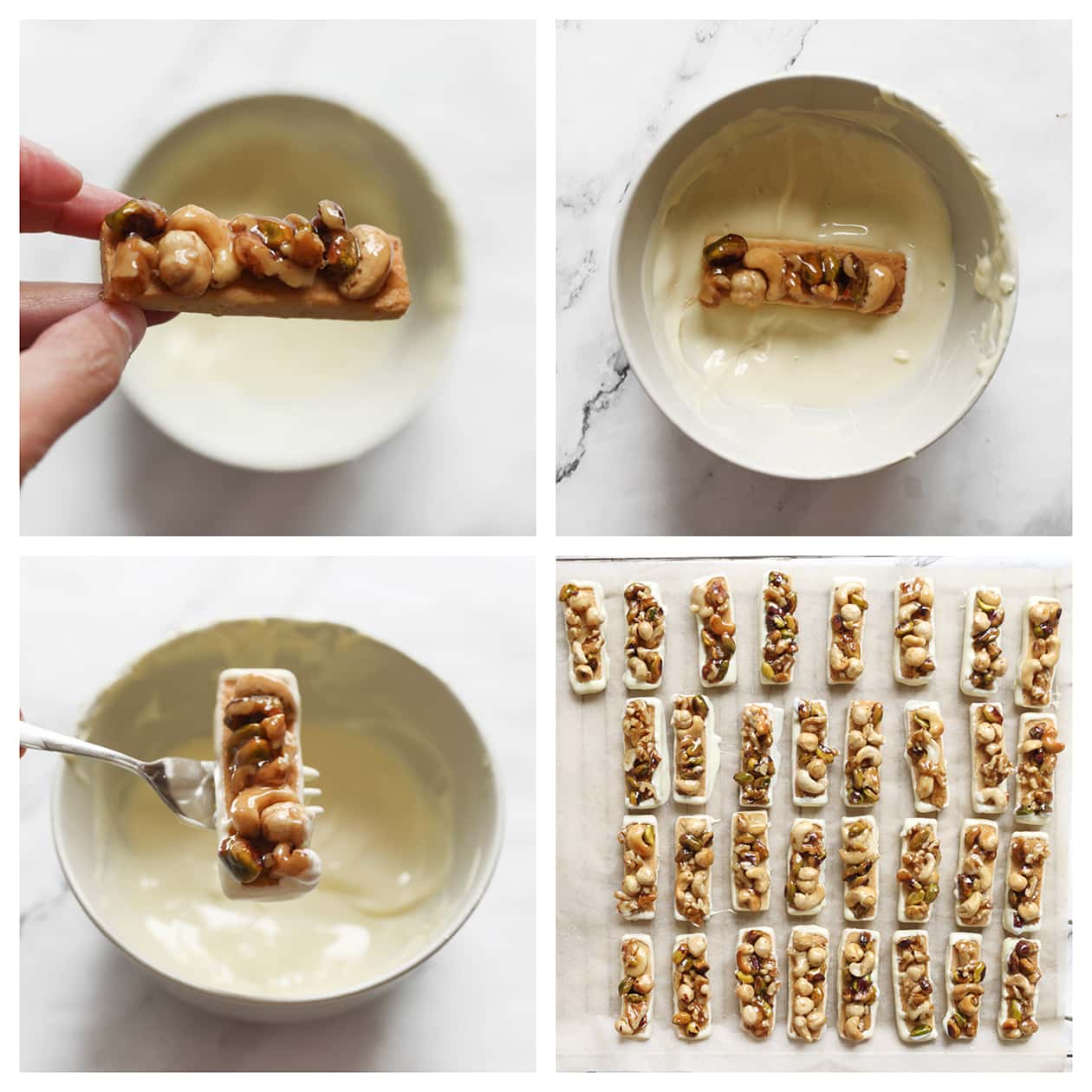 Notenkoekjes door de chocolade halen