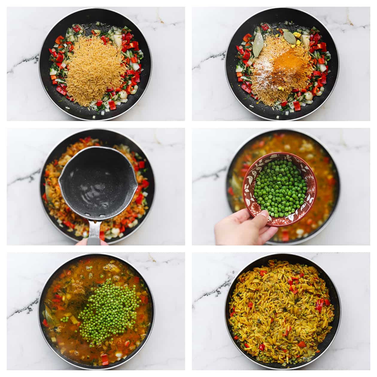 Orzo koken in water met verse kruiden en groenten