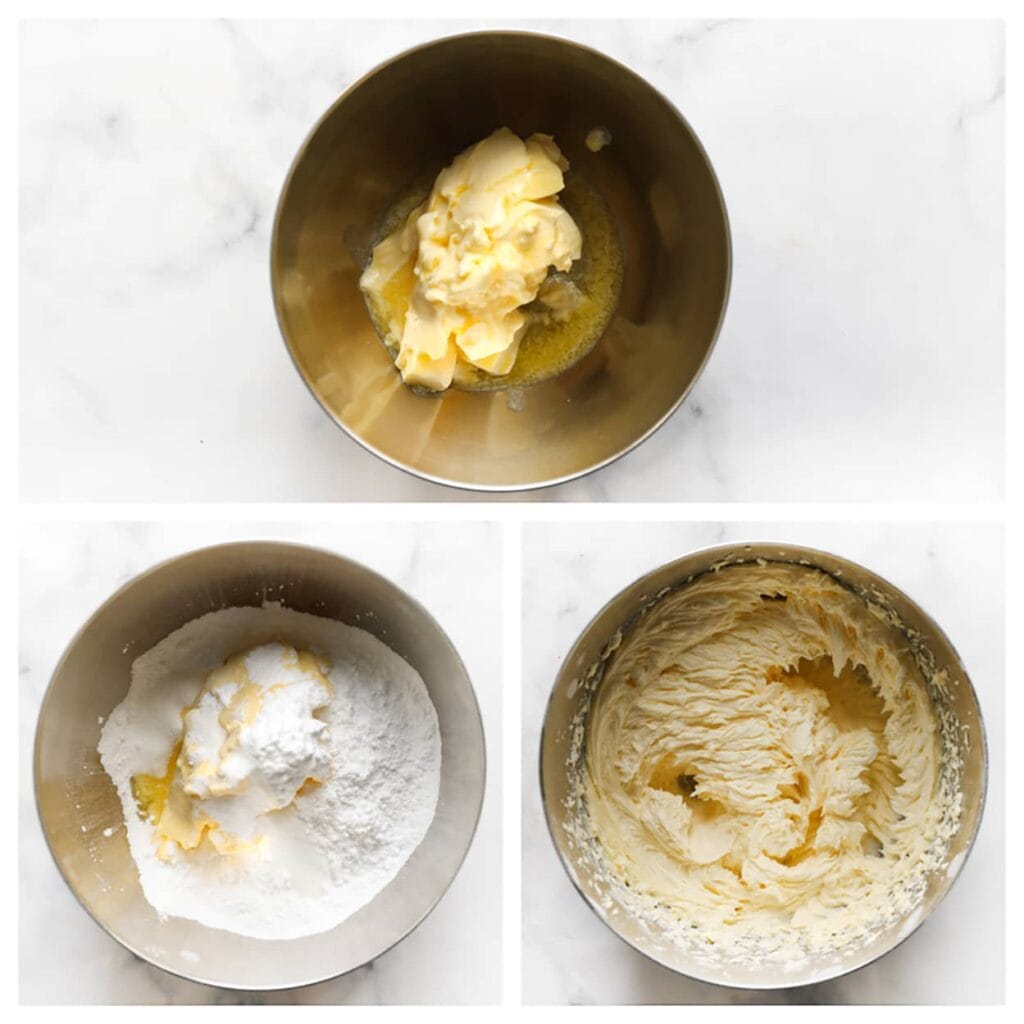 Doe de zachte roomboter in een diepe kom. Voeg de poedersuiker, vanillesuiker en het zout toe. Mix tot een gladde massa ontstaat.