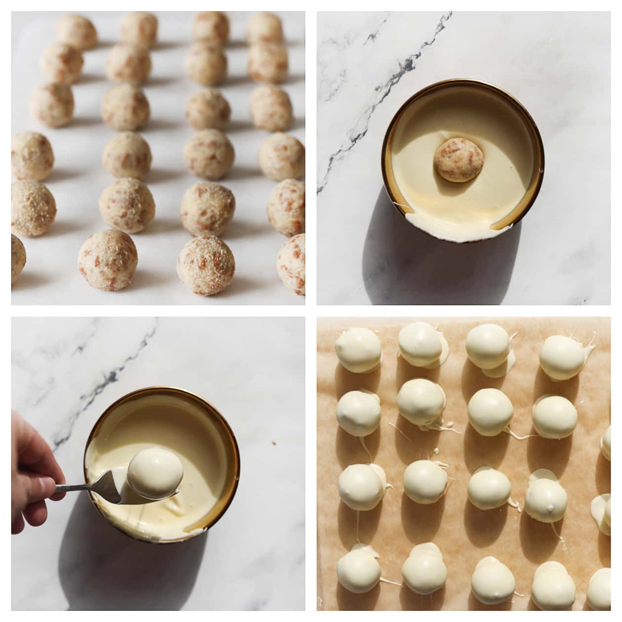 Speculoosbonsbons dompelen door de witte chocolade