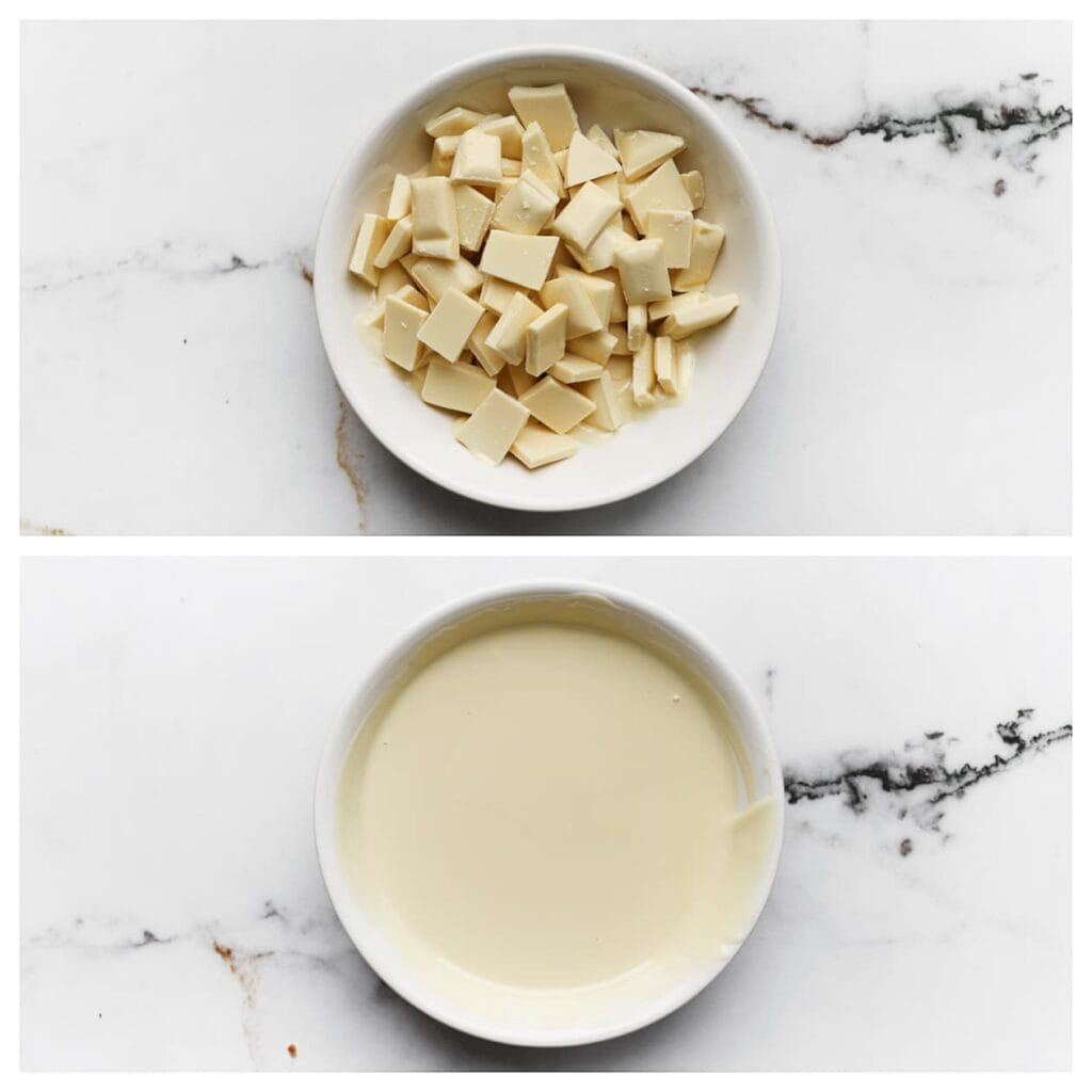 Smelt de witte chocolade au bain marie.