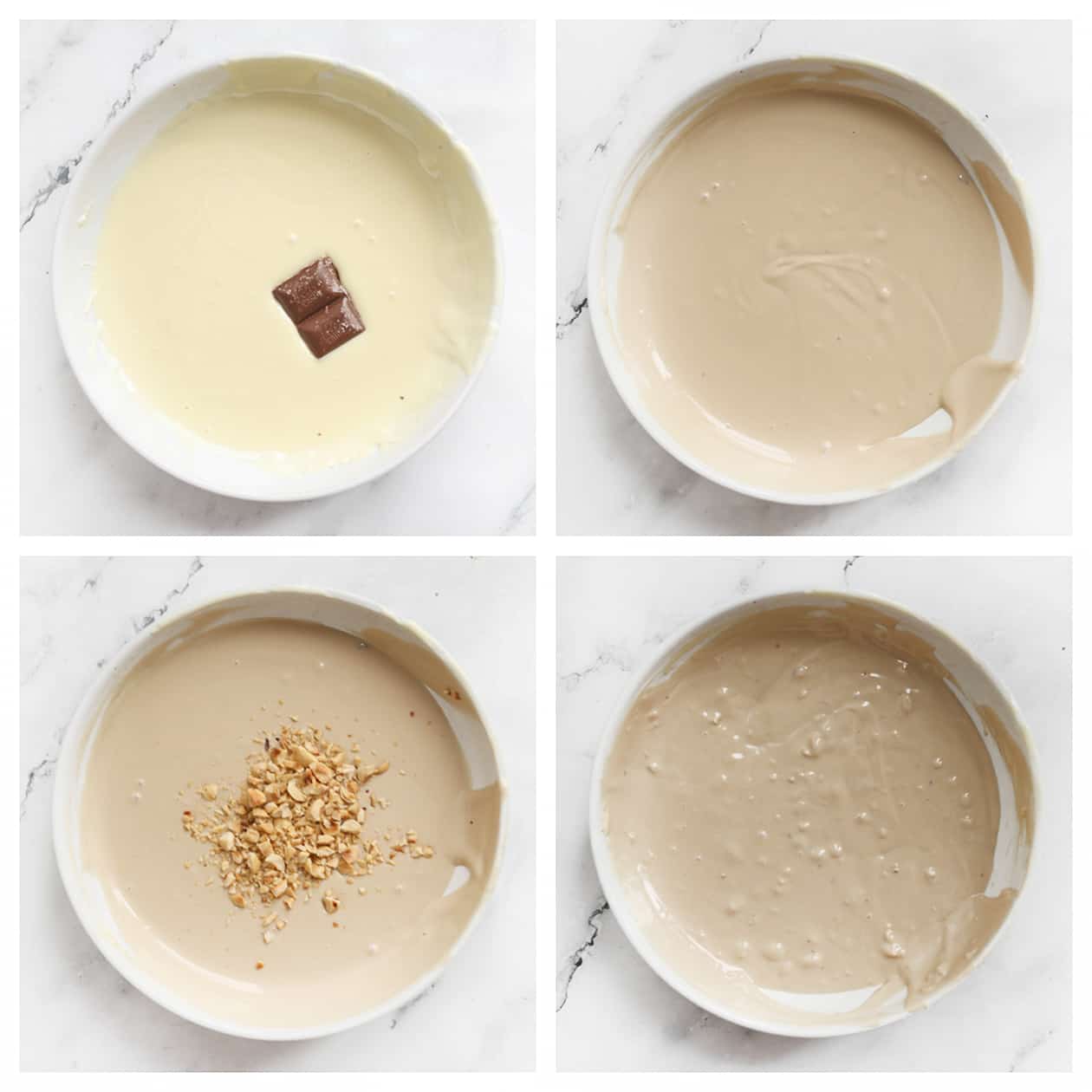 Witte chocolade mengen met een blokje melkchocolade en gehakte noten