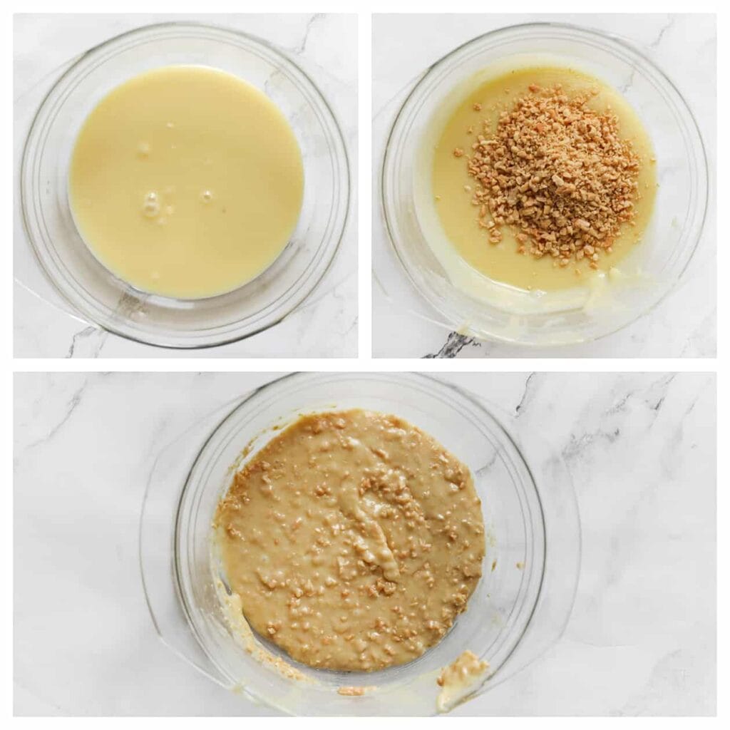 Doe de witte chocoladeganache in een kom en voeg de stukjes pinda toe. Meng goed.