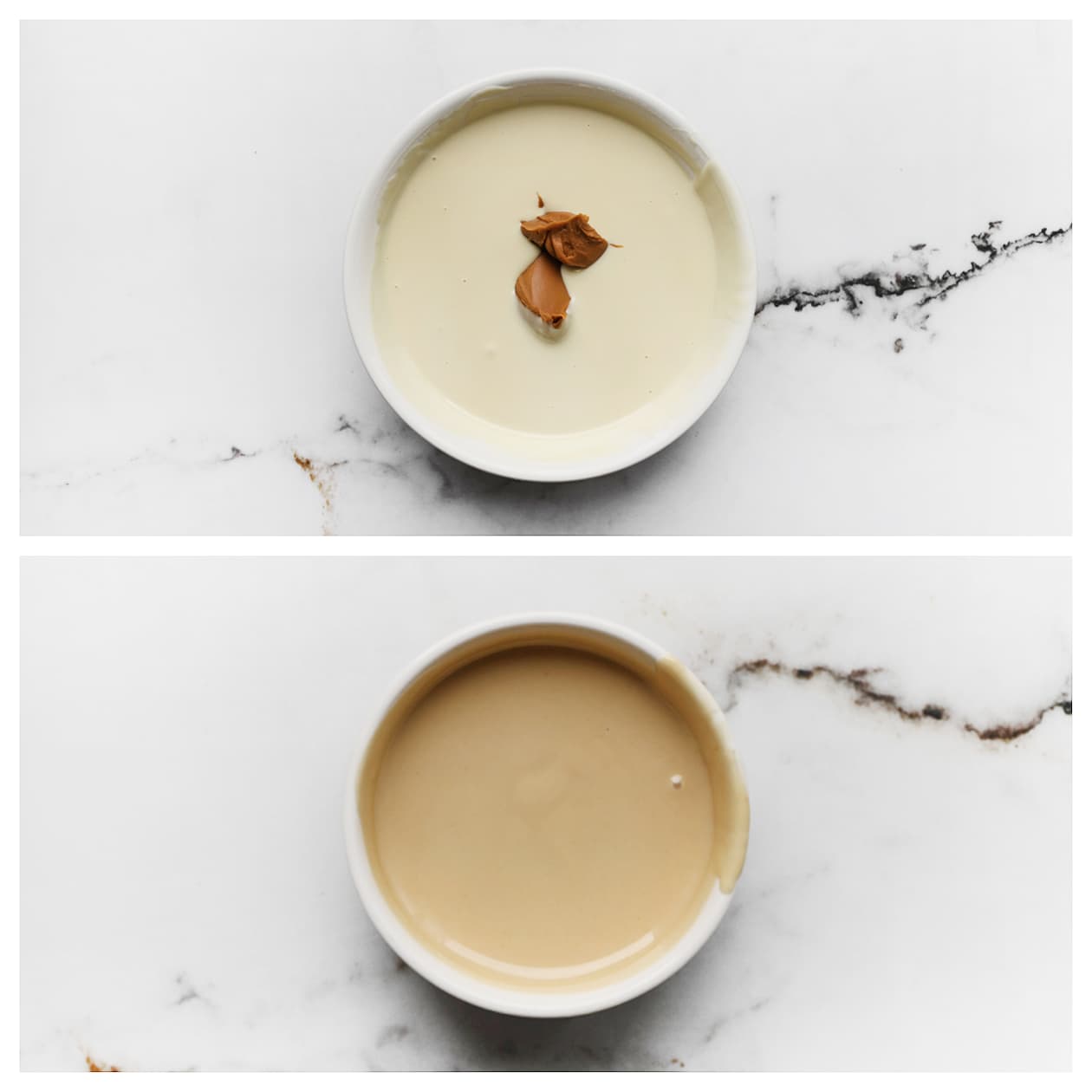 Witte chocolade mengen met speculoospasta in een kom