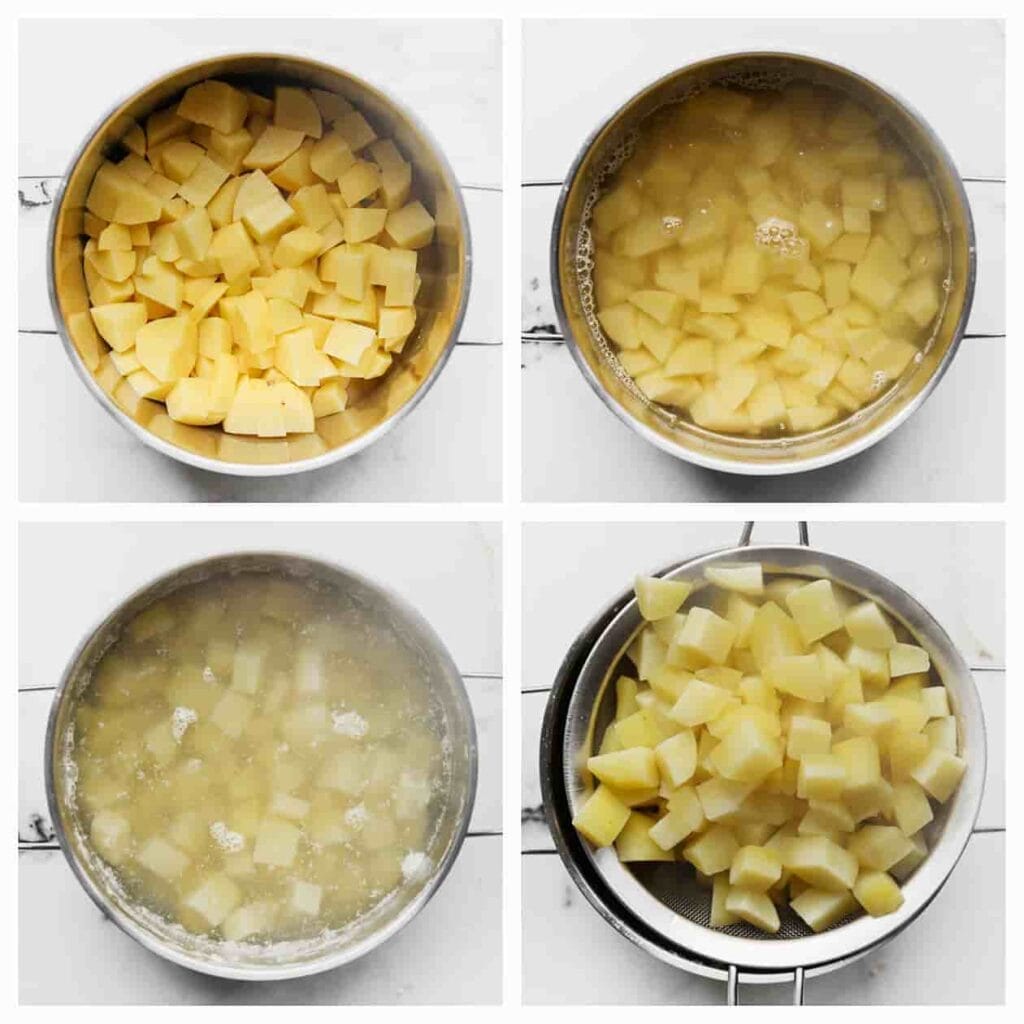 Was en snijd de aardappels in blokjes. Breng water in een pan aan de kook. Voeg zout toe en vervolgens de aardappels. Kook 15 minuten of tot de aardappels beetgaar zijn. Laat het water uitlekken.