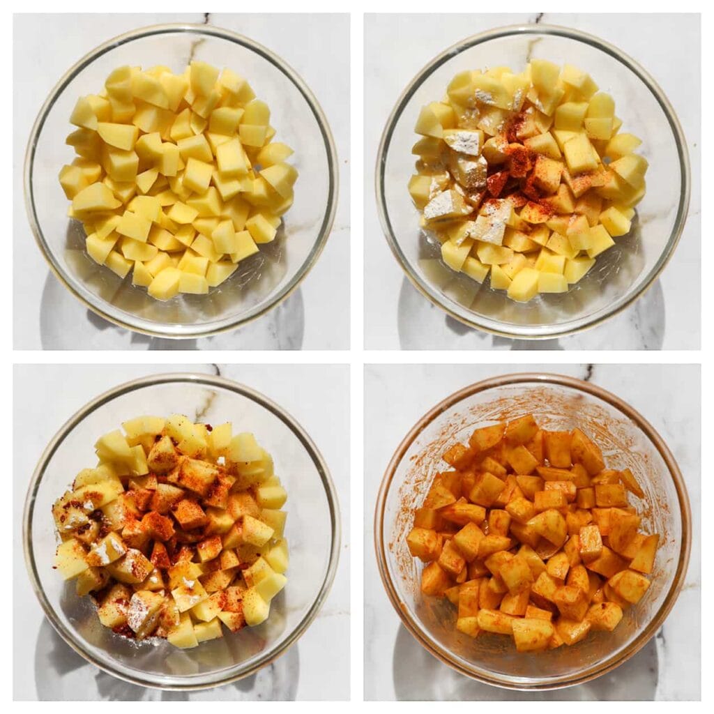 Schil de aardappels en snijd ze in blokjes, en doe ze vervolgens in een diepe kom. Voeg cayennepeper, uienpoeder, knoflookpoeder, paprikapoeder, zout en olijfolie toe. Meng alles goed.