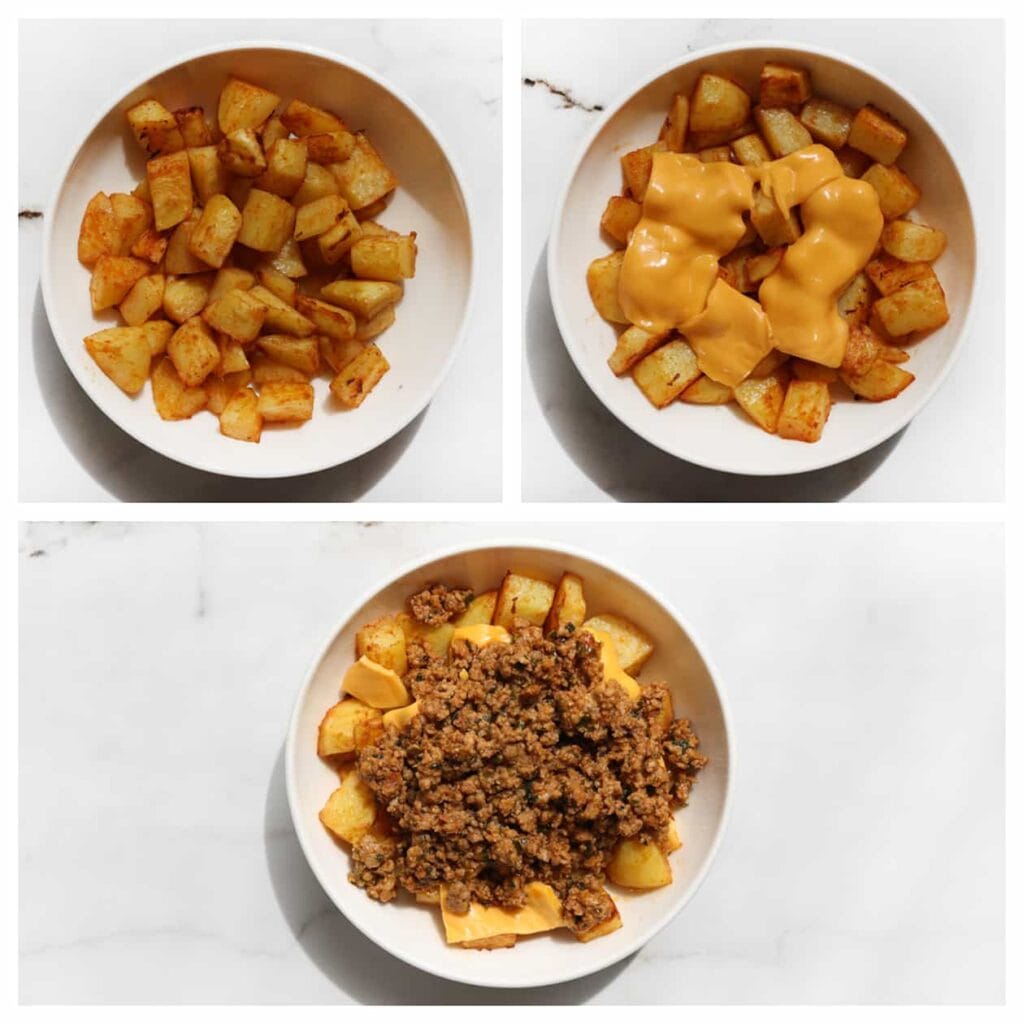 Verdeel de gebakken aardappelblokjes, cheddar kaas, gehakt, avocadosaus en eventueel andere groenten of ingrediënten naar keuze over een bord. Bismillah, eet smakelijk!