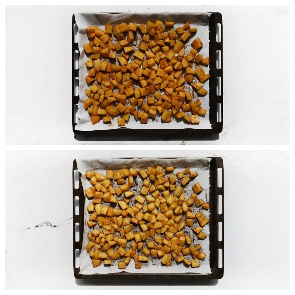 Verdeel de aardappelblokjes over een bakplaat met bakpapier en plaats deze in een voorverwarmde oven op 200 °C. Bak 20-30 minuten of tot ze goudbruin zijn. Draai de aardappelblokjes halverwege de baktijd om, zodat ze gelijkmatig goudbruin worden.