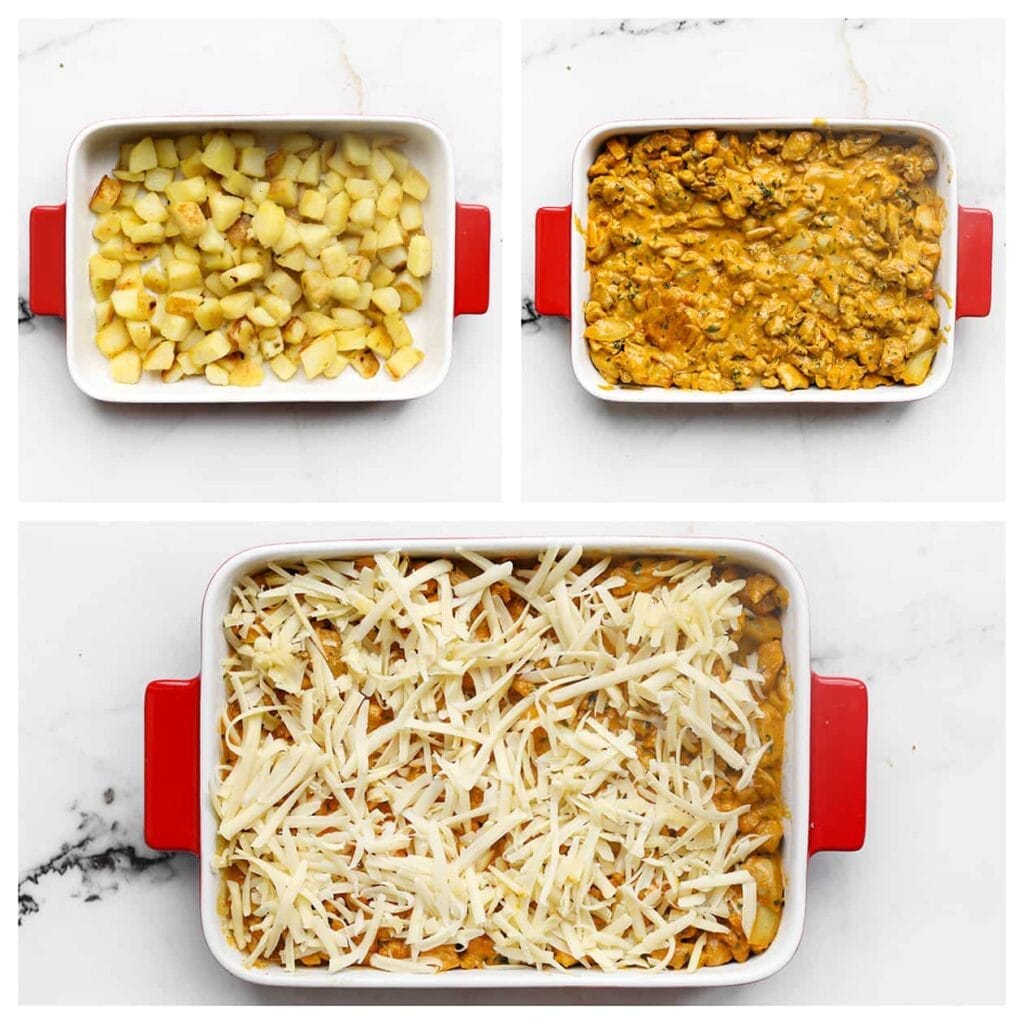 Verdeel de aardappelblokjes met daarover het kipmengsel over een schaal. Strooi er wat geraspte kaas over.