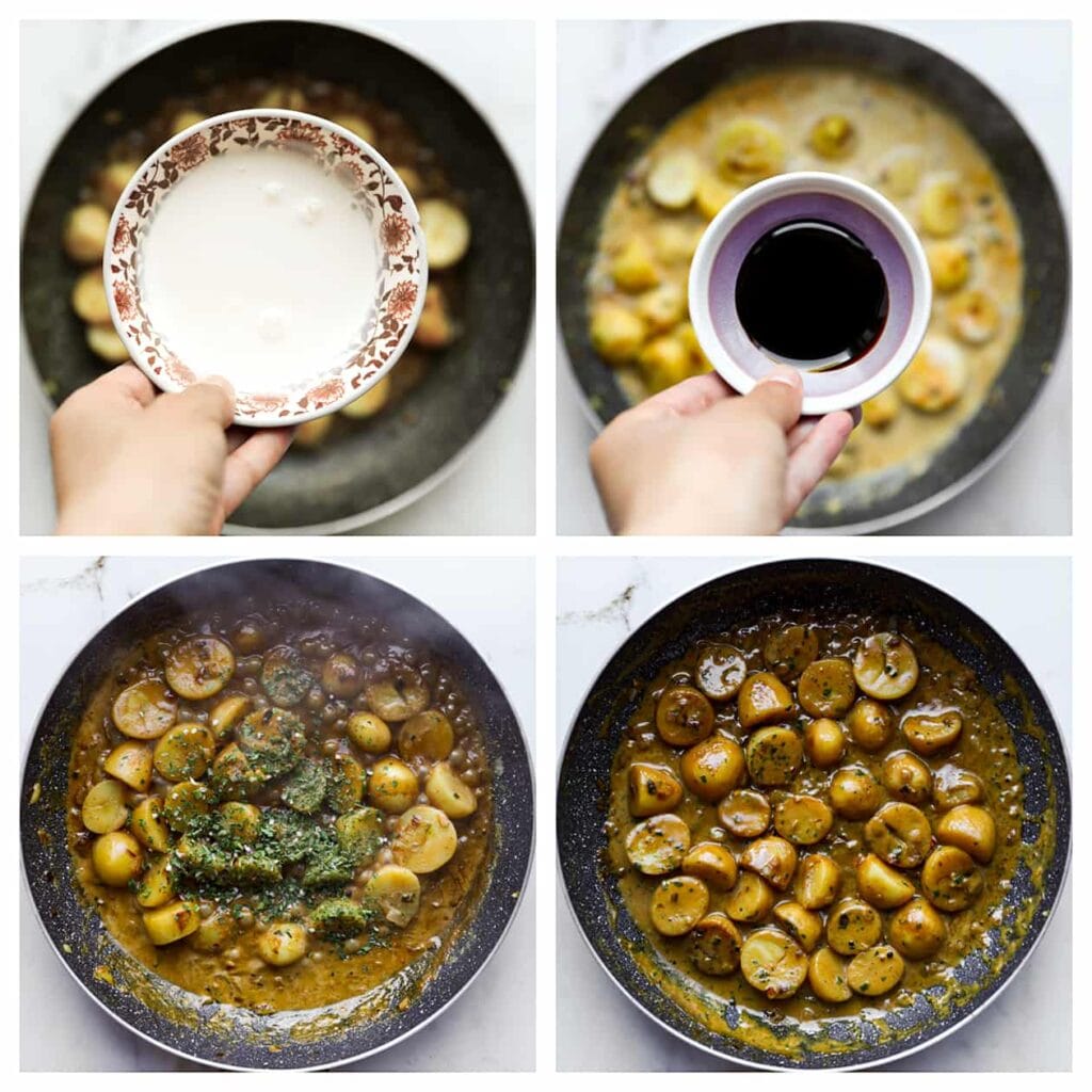 Voeg de ongeklopte slagroom en ketjap manis toe. Zet het vuur hoog en laat de saus goed indikken, maar blijf erbij. Voeg tot slot de gedroogde peterselie toe en meng opnieuw goed.