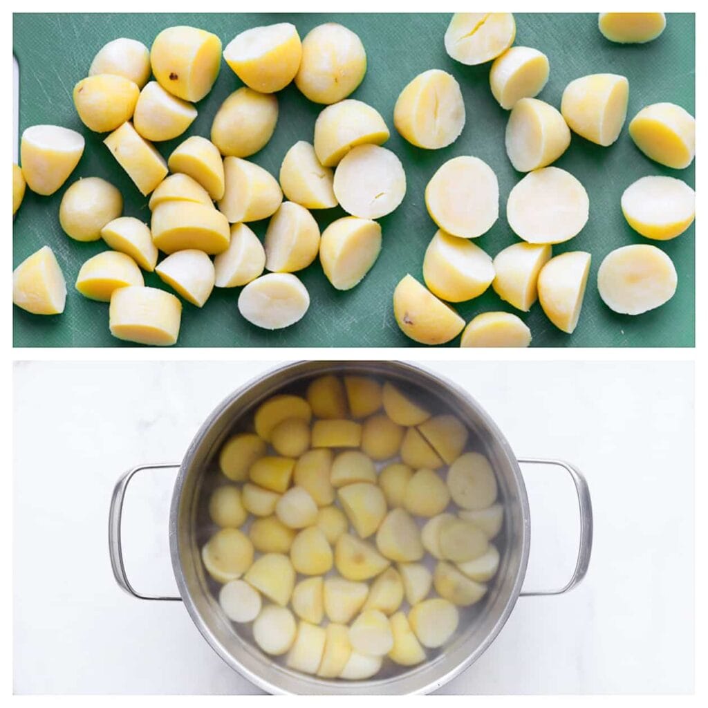 Breng een pan met water aan de kook. Voeg de voorgekookte krieltjes toe en kook ze 8-10 minuten. Giet af en laat uitlekken.