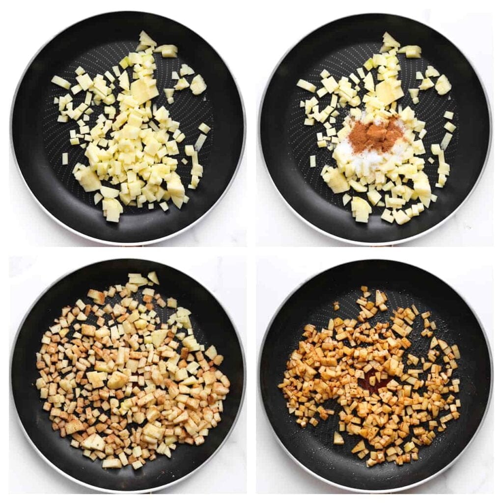 Schil en snijd de appel in kleine blokjes. Verhit de stukjes appel in een koekenpan op middelhoog vuur met de suiker en kaneel. Bak 5-7 minuten of tot de appels iets zachter zijn en beginnen te karameliseren. Laat het appelmengsel afkoelen.