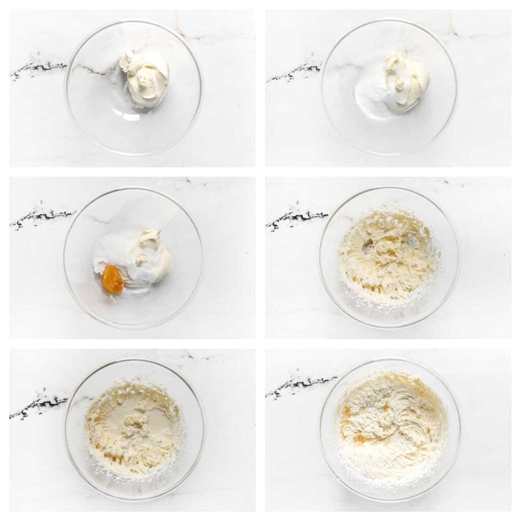 Doe de roomkaas, mascarpone, poedersuiker, vanillesuiker, klopfix en lemon curd in een diepe kom. Mix 1 minuut. Voeg geleidelijk de ongeklopte slagroom (500 ml) toe en mix tot het mengsel stijve pieken vertoont.