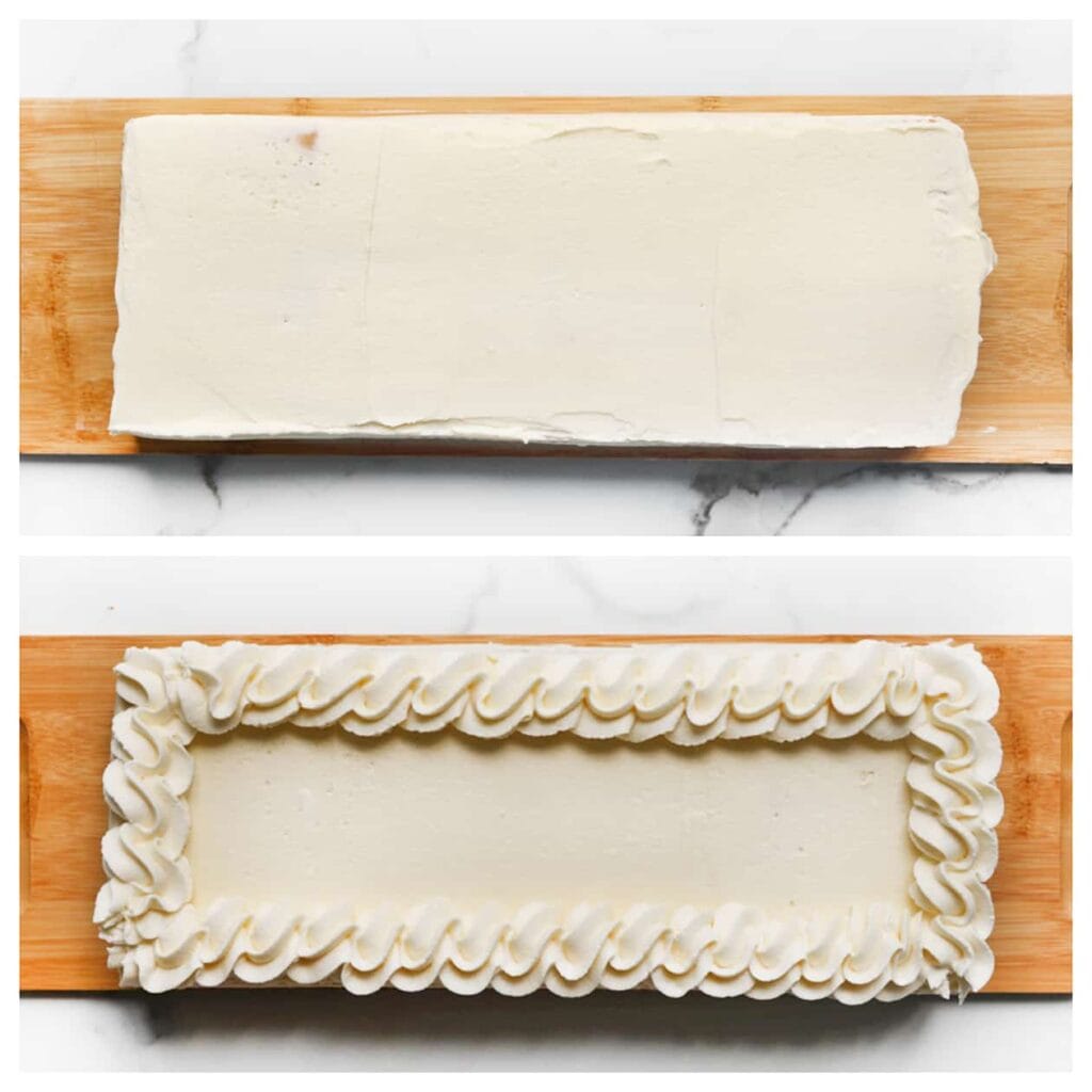 Haal het citroentaartje uit de koelkast en spuit langs de zijkanten toefjes room.