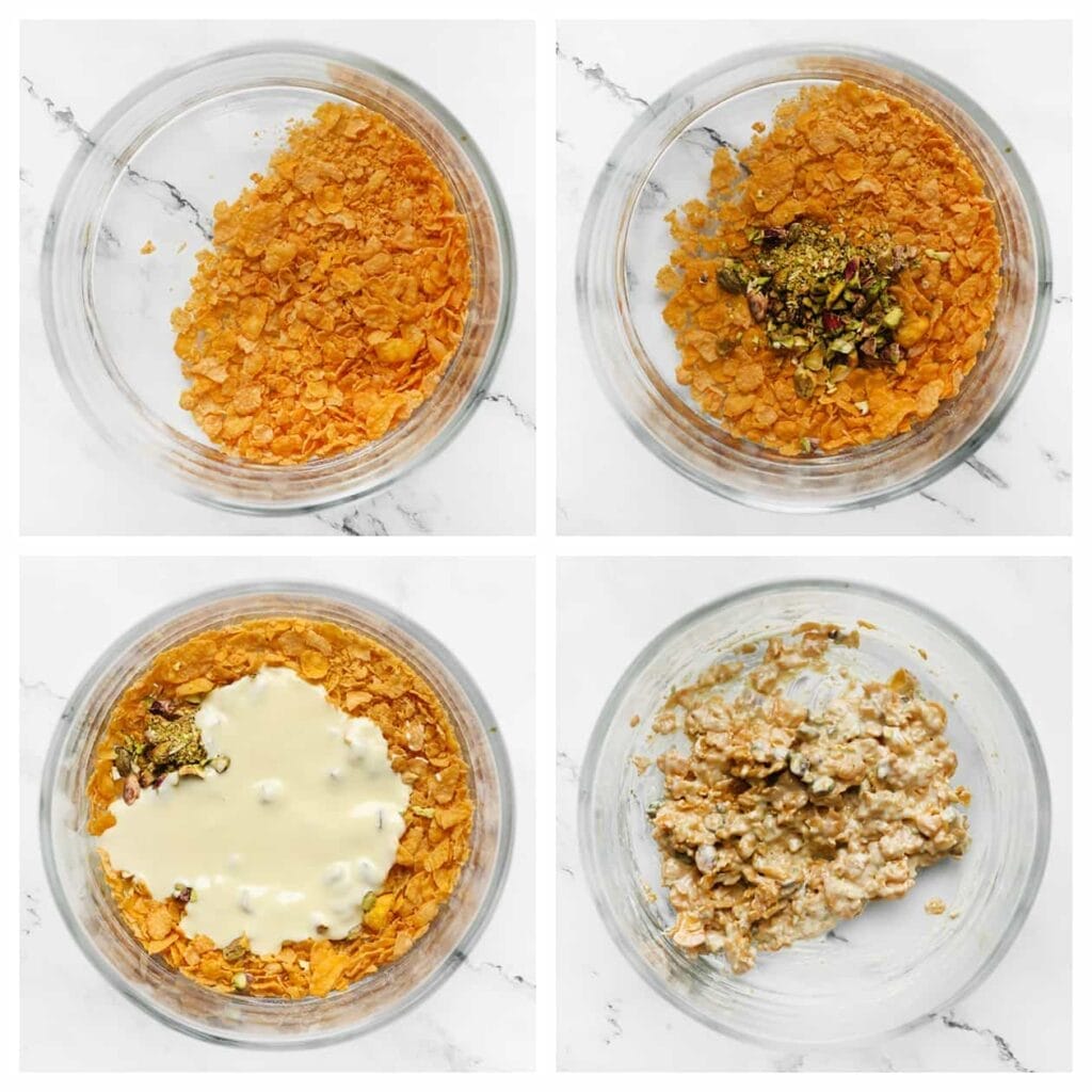 Doe de cornflakes, gehakte pistachenoten (25 g) en de gesmolten witte chocolade (125 g) in een diepe kom. Meng goed tot een geheel. Zet opzij.