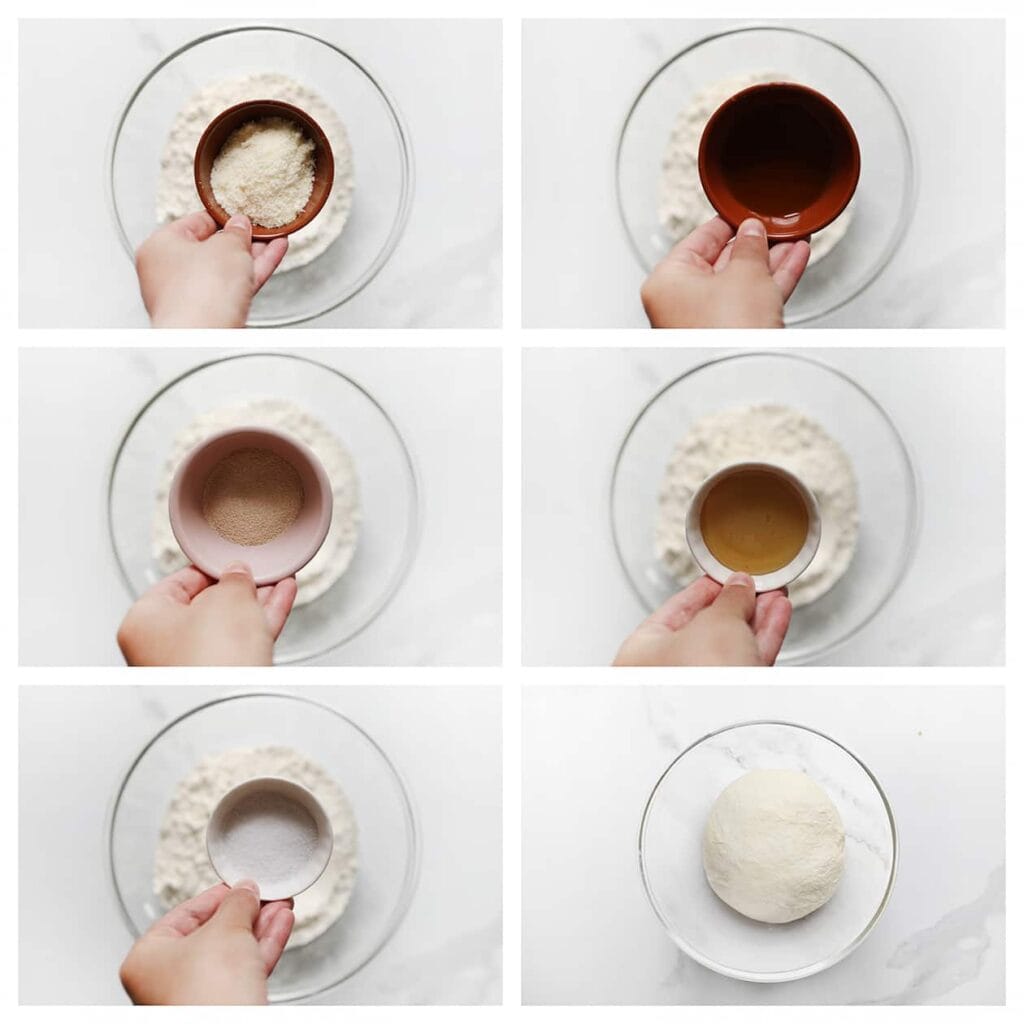 Doe de bloem, Parmezaanse kaas, olijfolie, gist, honing, zout en lauwwarm water in een diepe kom. Meng en kneed het deeg 10-12 minuten.