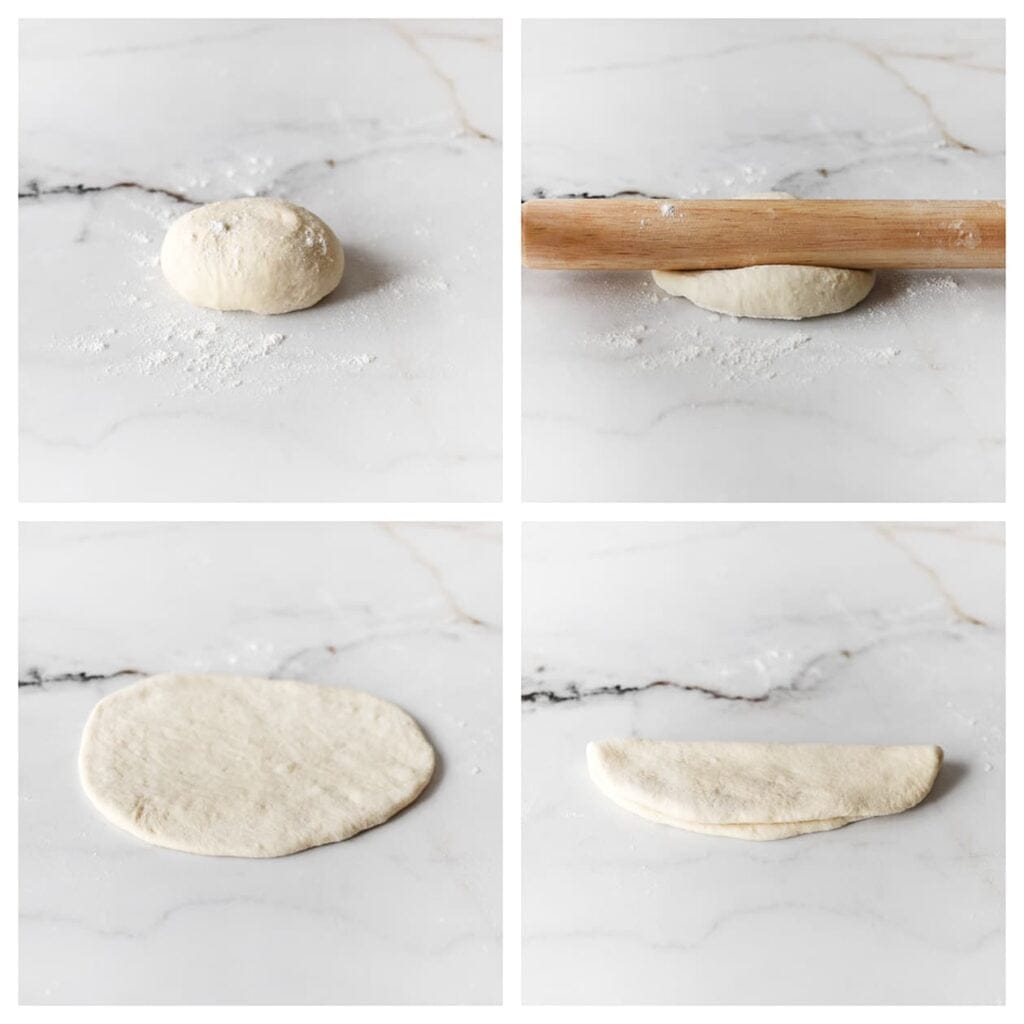 Neem een bol deeg en rol deze plat. Vouw het dubbel.