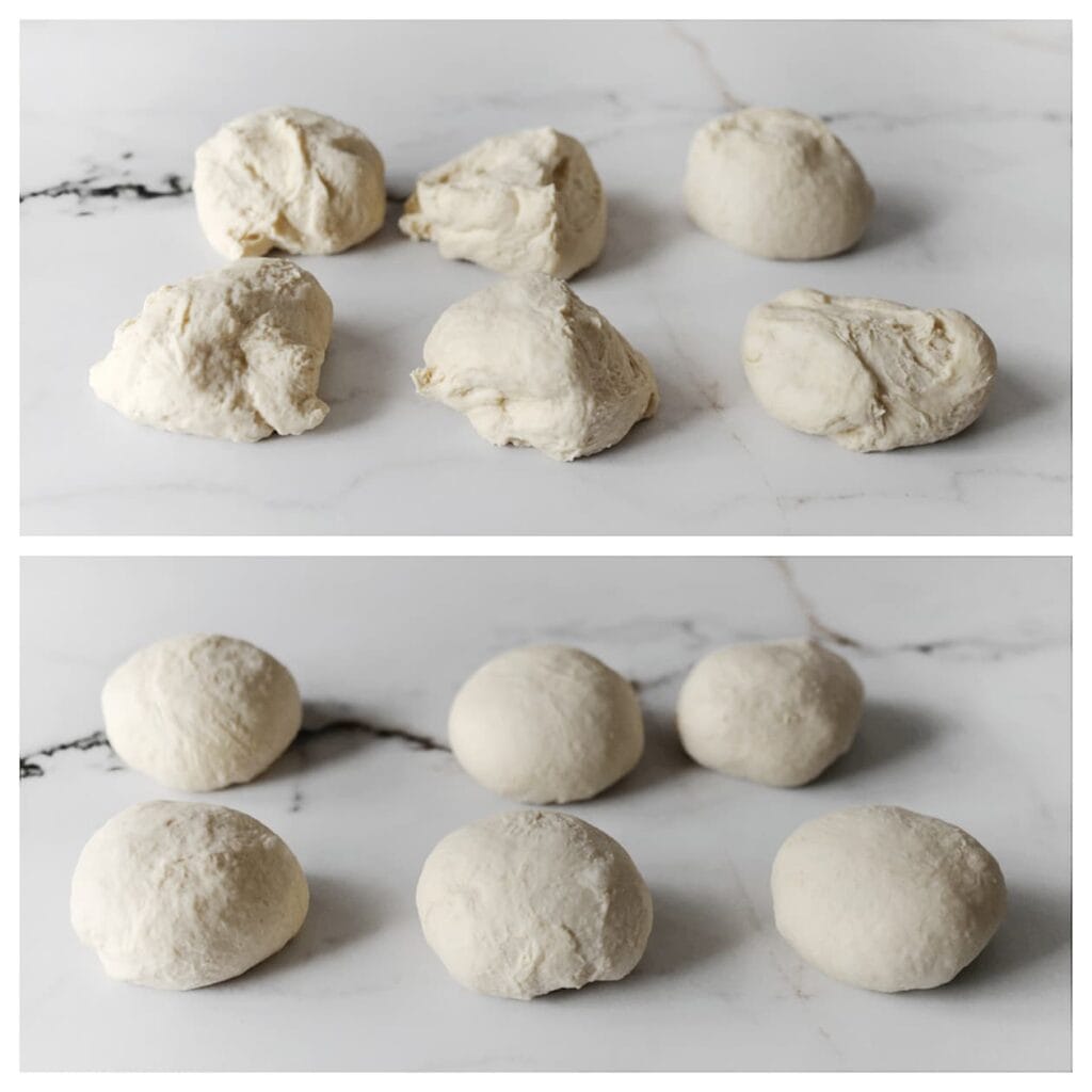 Verdeel het deeg in 6 gelijke stukken en vorm ze tot mooie ronde bollen.