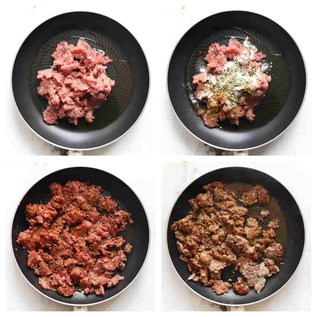 Verhit de olijfolie in een koekenpan op middelhoog vuur. Voeg het gehakt, komijnpoeder, cayennepeper, uienpoeder, knoflookpoeder, paprikapoeder, kaneelpoeder, korianderpoeder, zout en gedroogde peterselie toe. Bak 3-4 minuten.