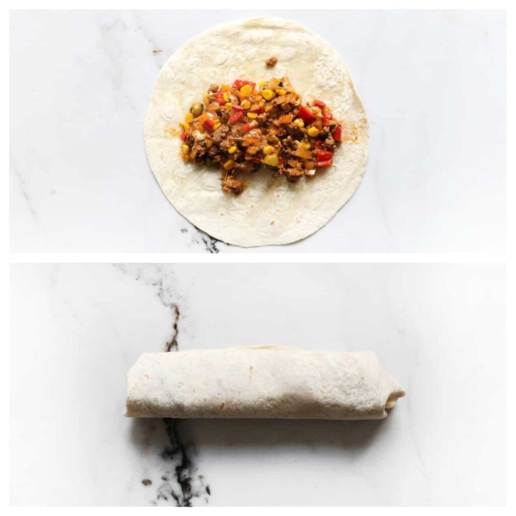 Neem een wrap en vul deze met een kwart van het gehaktmengsel. Rol de wrap stevig op. Herhaal deze werkwijze voor de overige wraps.