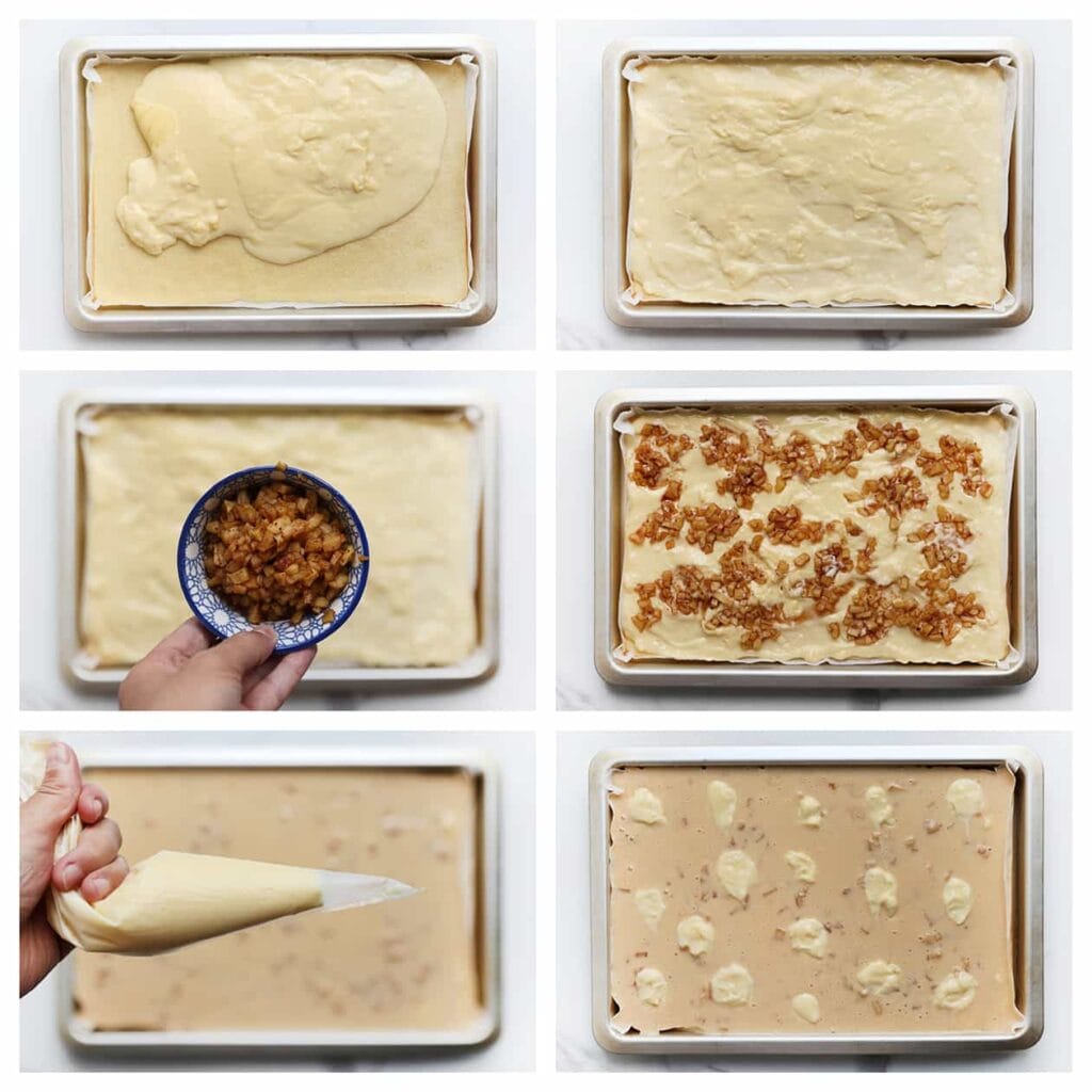 Haal de cake voorzichtig uit de oven. Verdeel ¾ van de gele room over de cake en strooi het appelmengsel erover. Giet het resterende cakebeslag en de overgebleven gele room over de cake.