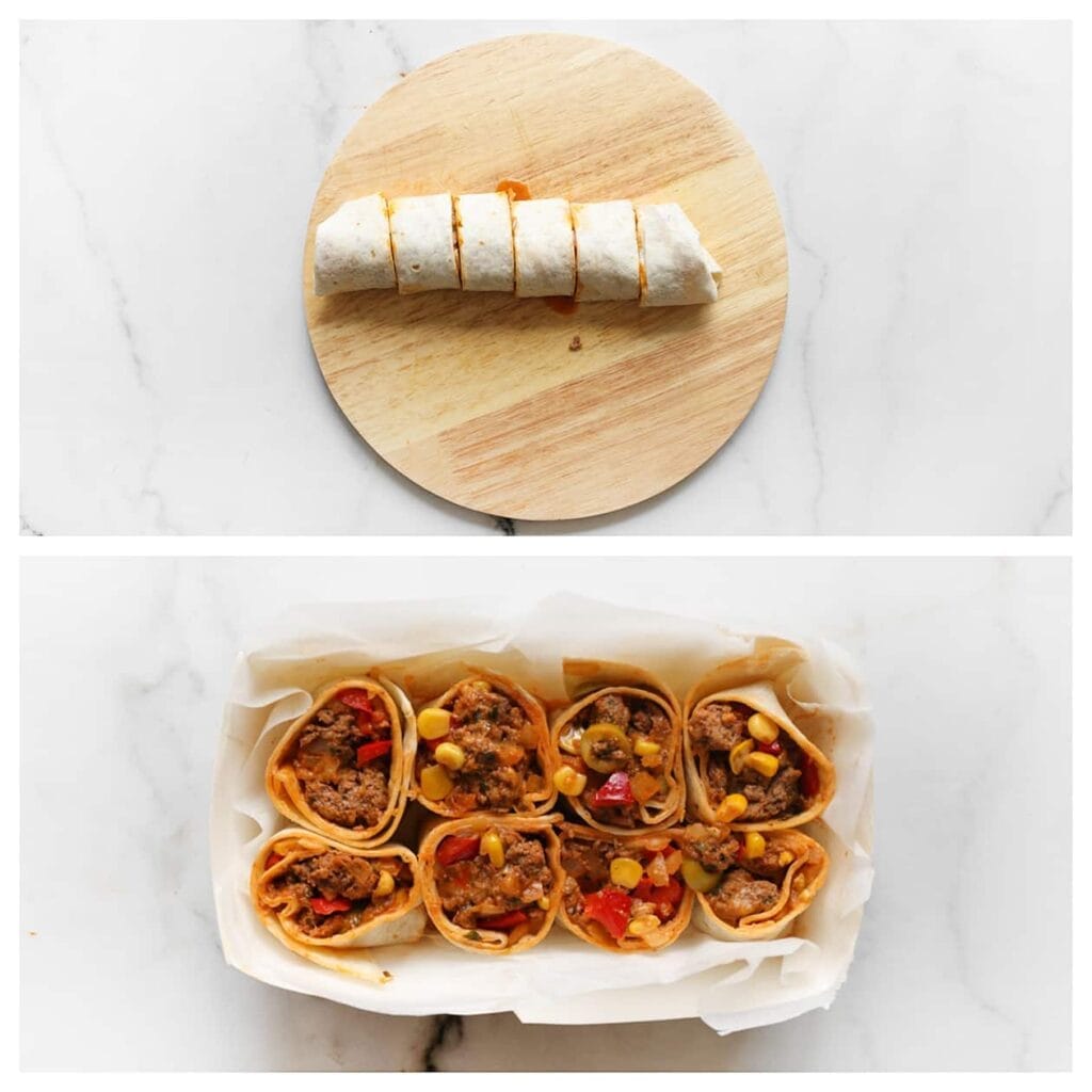 Snijd de wrap in stukken en verdeel ze over een schaal.