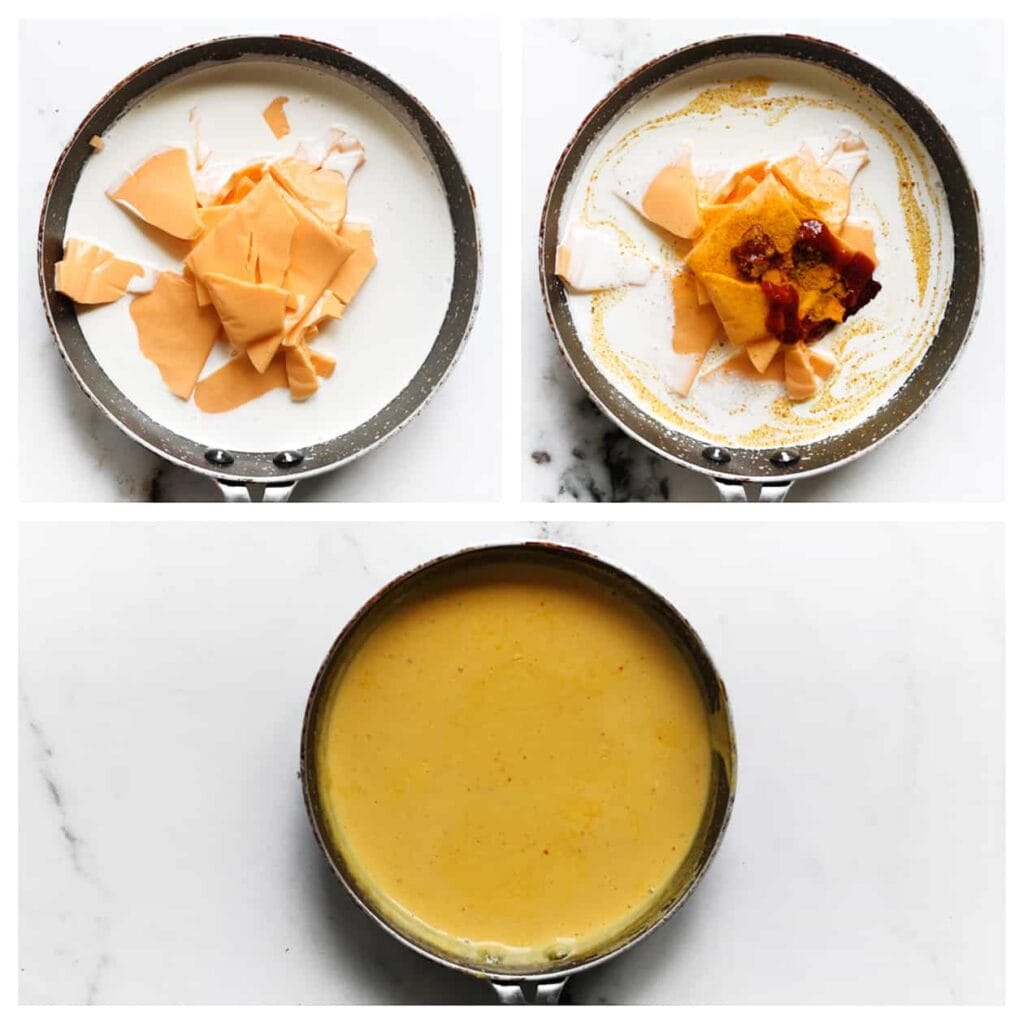 Verhit de ongeklopte slagroom in een steelpan op middelhoog vuur. Voeg de cheddar kaas, sambal en kurkuma toe. Meng goed totdat de kaas is gesmolten en het mengsel dikker wordt.