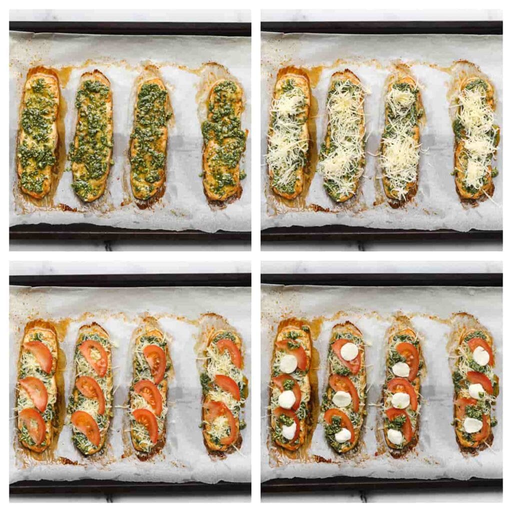 Haal voorzichtig de kip uit de oven. Voeg achtereenvolgens wat groene pesto, Parmezaanse kaas, plakjes tomaat en mozzarella toe.