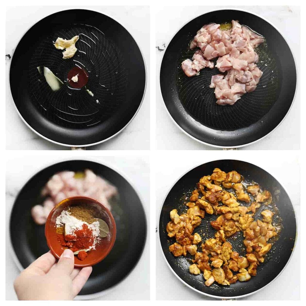 Was en snijd de kippendijen in blokjes. Verhit olijfolie en roomboter in een koekenpan op middelhoog vuur. Voeg de kippendijen, cayennepeper, zwarte peper, kurkuma, currypoeder, korianderpoeder, kaneelpoeder en laurierblaadjes toe, en verkruimel het kippenbouillonblokje boven de koekenpan. Bak 3-4 minuten.