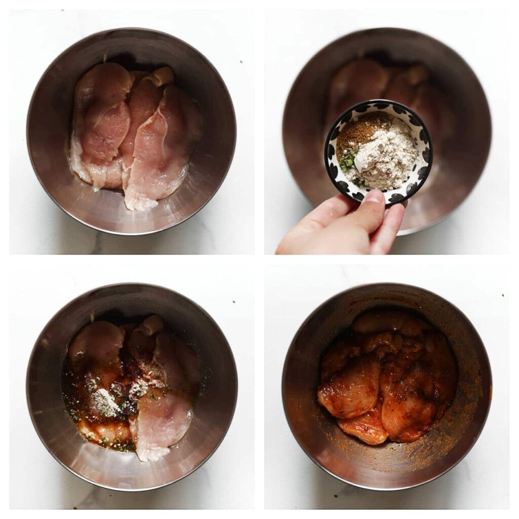 Was de kip en snijd deze in platte stukken. Doe de kip in een diepe kom samen met het zout, uienpoeder, knoflookpoeder, paprikapoeder, de cayennepeper, gedroogde peterselie en olijfolie. Meng goed en zet de kom, afgedekt, in de koelkast.