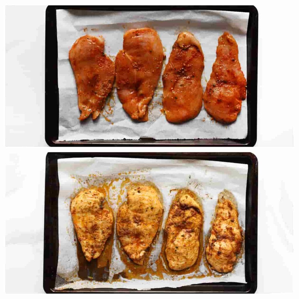 Verdeel de kip over een bakplaat met bakpapier. Zet de kip in de voorverwarmde oven op 200 ℃ en bak 15 minuten.