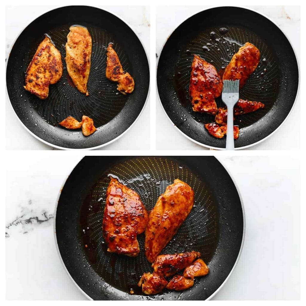 Verhit een koekenpan op middelhoog vuur. Bak de kip aan beide kanten gaar. Bestrijk ze met de 'sticky' saus en bak kort mee.