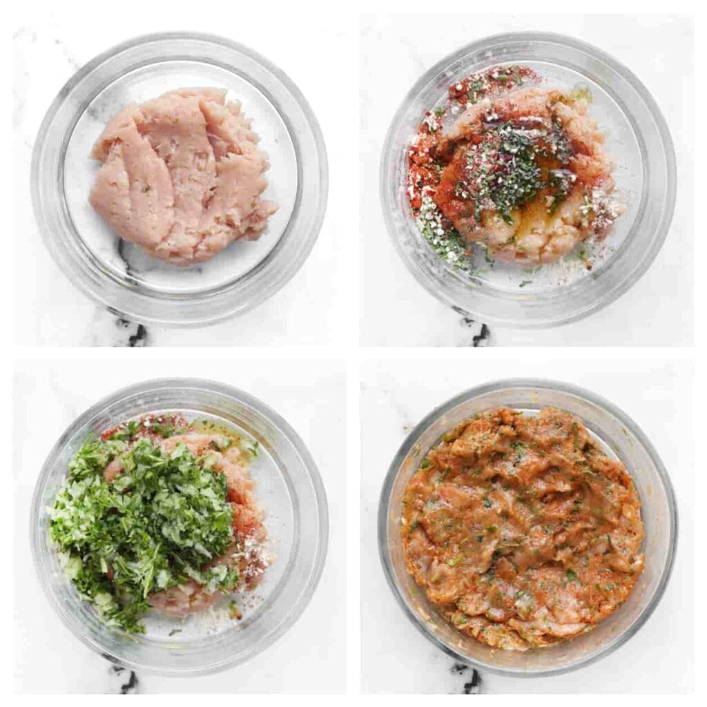 Voeg het kipgehakt, zout, uienpoeder, knoflookpoeder, komijnpoeder, paprikapoeder, de cayennepeper, gedroogde bieslook, olijfolie en het groentemengsel toe aan een diepe kom. Meng goed.