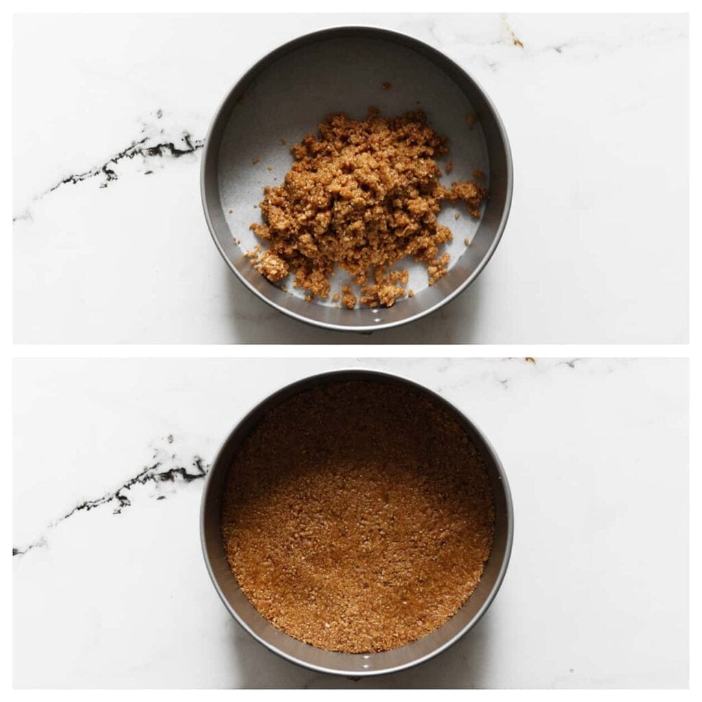 Verdeel het koekjesdeeg gelijkmatig over een springvorm of bakvorm en druk het stevig aan op de bodem. Gebruik de onderkant van een lepel als hulpmiddel om het deeg goed aan te drukken. Laat het vervolgens kort in de koelkast rusten om op te stijven.