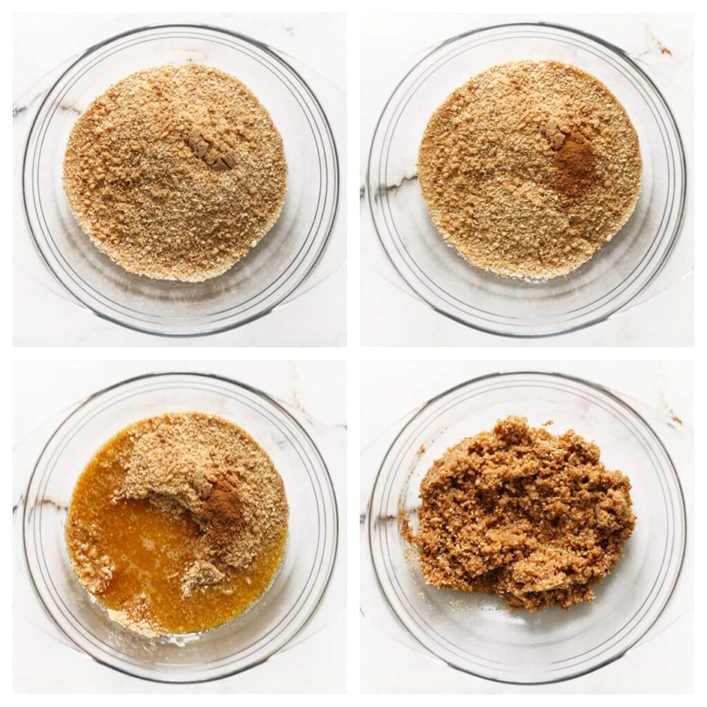 Voeg de fijngemalen stroopwafel, kaneelpoeder en gesmolten roomboter samen in een diepe kom. Meng tot een geheel.