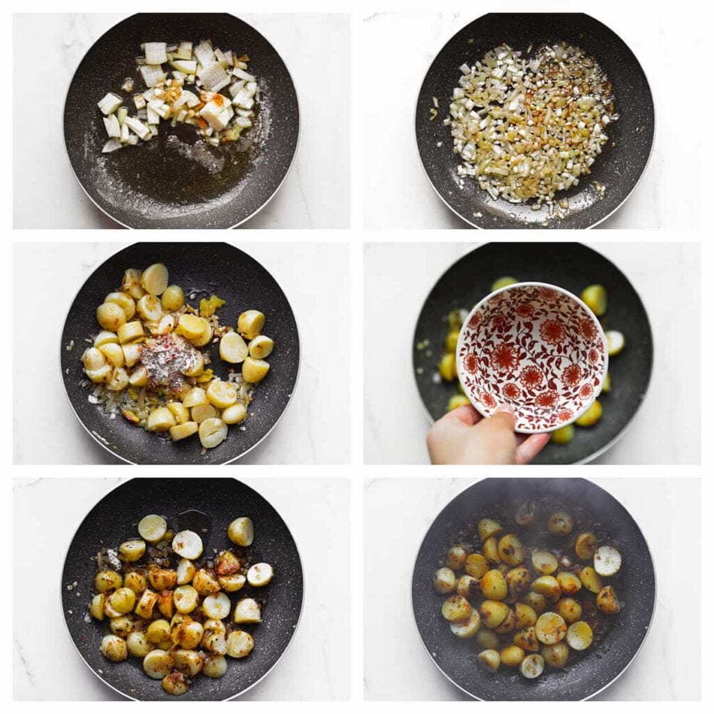 Verhit in een koekenpan de olijfolie samen met de roomboter op middelhoog vuur. Voeg de gesnipperde gele ui toe en bak deze 3-4 minuten goudbruin. Voeg vervolgens de krieltjes, uienpoeder, knoflookpoeder en cayennepeper toe. Verkruimel het kippenbouillonblokje boven de koekenpan en bak kort mee tot een geheel. Voeg dan het water toe en meng opnieuw goed.