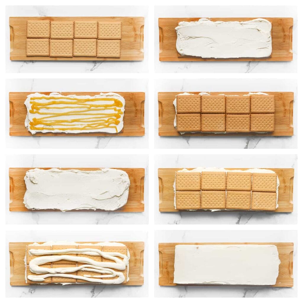 Haal 8 theebiscuits door de melk en leg ze op een onderlegger of plaat in de vorm van een rechthoek. Verdeel een laagje room over de biscuits en spuit er wat lemon curd over. Bouw verder met afwisselend een laagje theebiscuits, room, theebiscuits en room. Zorg ervoor dat je ook de zijkanten goed bestrijkt en smeer alles gelijkmatig uit. Laat het citroentaartje een aantal uur opstijven in de koelkast, bij voorkeur een nacht, zodat de smaken goed intrekken en de koekjes zacht worden.