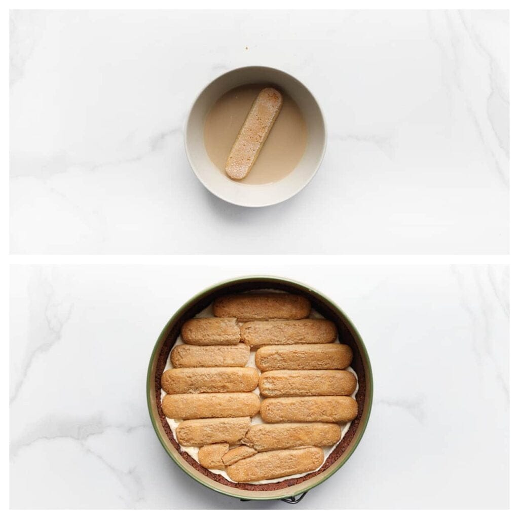 Doop de lange vingers kort in de koude espresso en verdeel ze over de roomlaag.