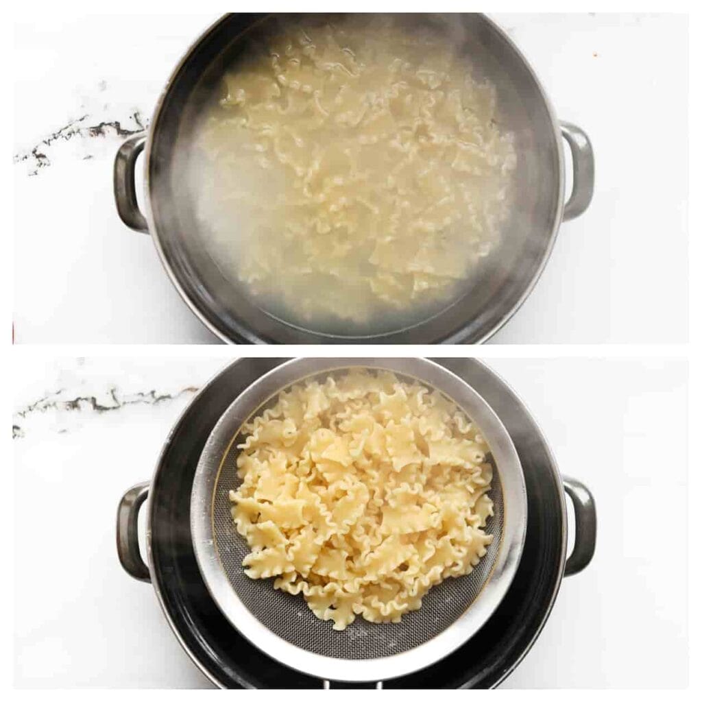 Breng een pan water aan de kook. Voeg een snufje zout toe en vervolgens de pasta. Kook deze 11-14 minuten. Laat daarna uitlekken.