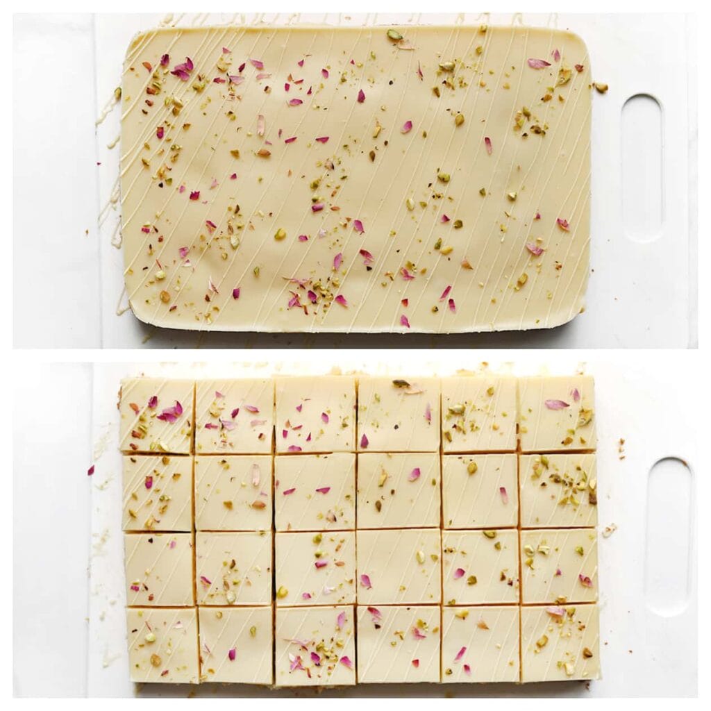 Garneer de pistachecake met witte chocoladelijntjes, gehakte pistachenoten en rozenblaadjes, en snijd de pistachecake ten slotte in blokjes.