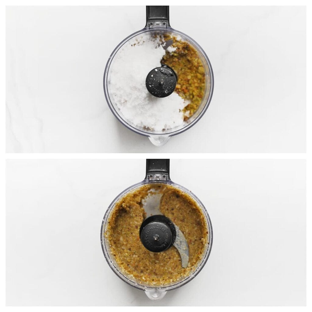 Doe de gepelde pistachenoten samen met de witte basterdsuiker, vanillesuiker en het eiwit in een hakmolen en maal ze fijn.