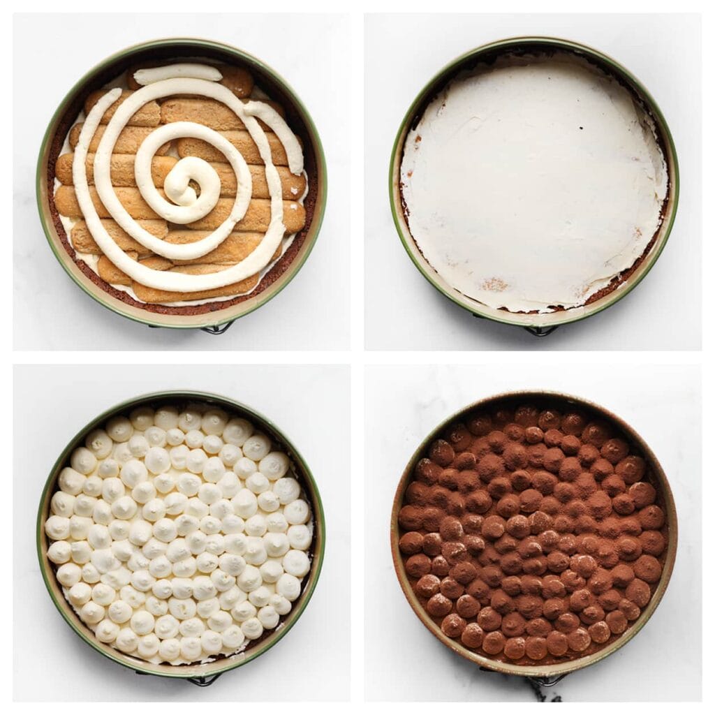 Spuit opnieuw een laag room over de lange vingers en smeer deze egaal uit. Doe de resterende room in een spuitzak en spuit dotjes over de bovenkant van de taart. Bestrooi de tiramisutaart met cacaopoeder.