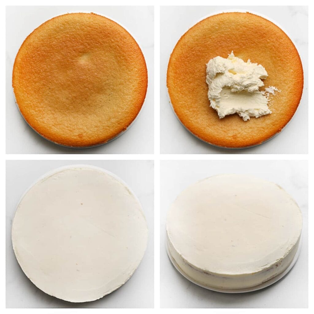 Schep de room over de afgekoelde cake en smeer deze goed uit, inclusief de zijkanten. Doe de resterende room in een spuitzak, vergeet het spuitmondje niet.