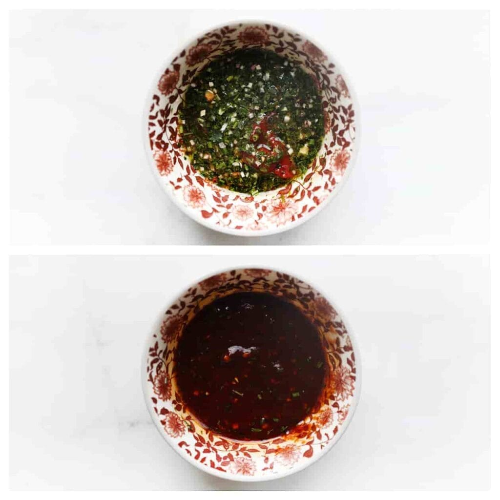 Doe de tomatenpuree, ketjap manis, saladekruiden en azijn in een kom. Meng alles tot een geheel.