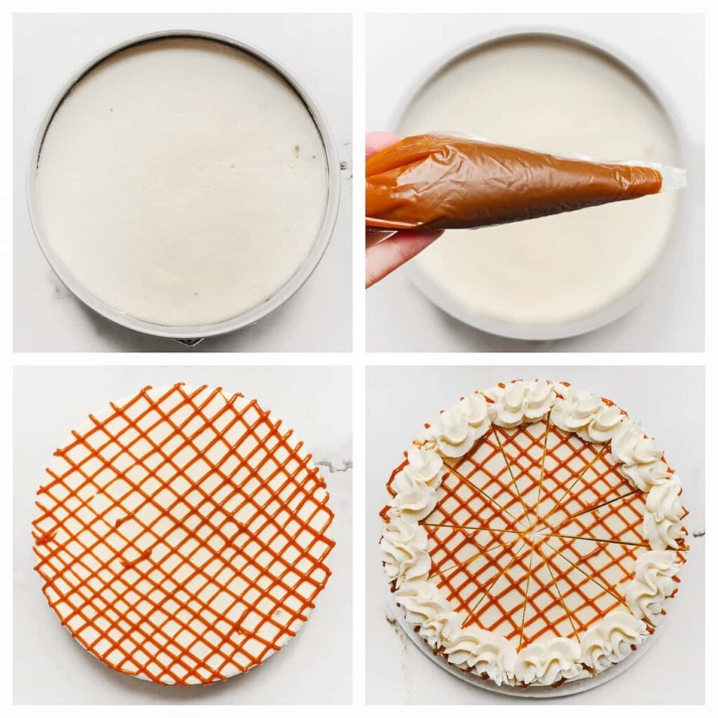 Garneer de stroopwafelcheesecake met lijntjes karamel (75 gram). Spuit langs de zijkanten room. Bismillah, geniet ervan!